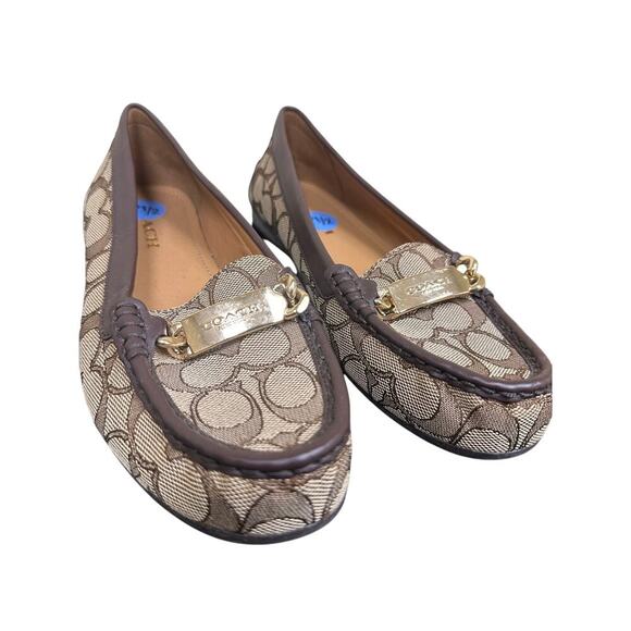 Authentic Brown Tan Coach Logo Women Size 7.5 Loafers Closed Toe Work Flats - Picture 3 of 11